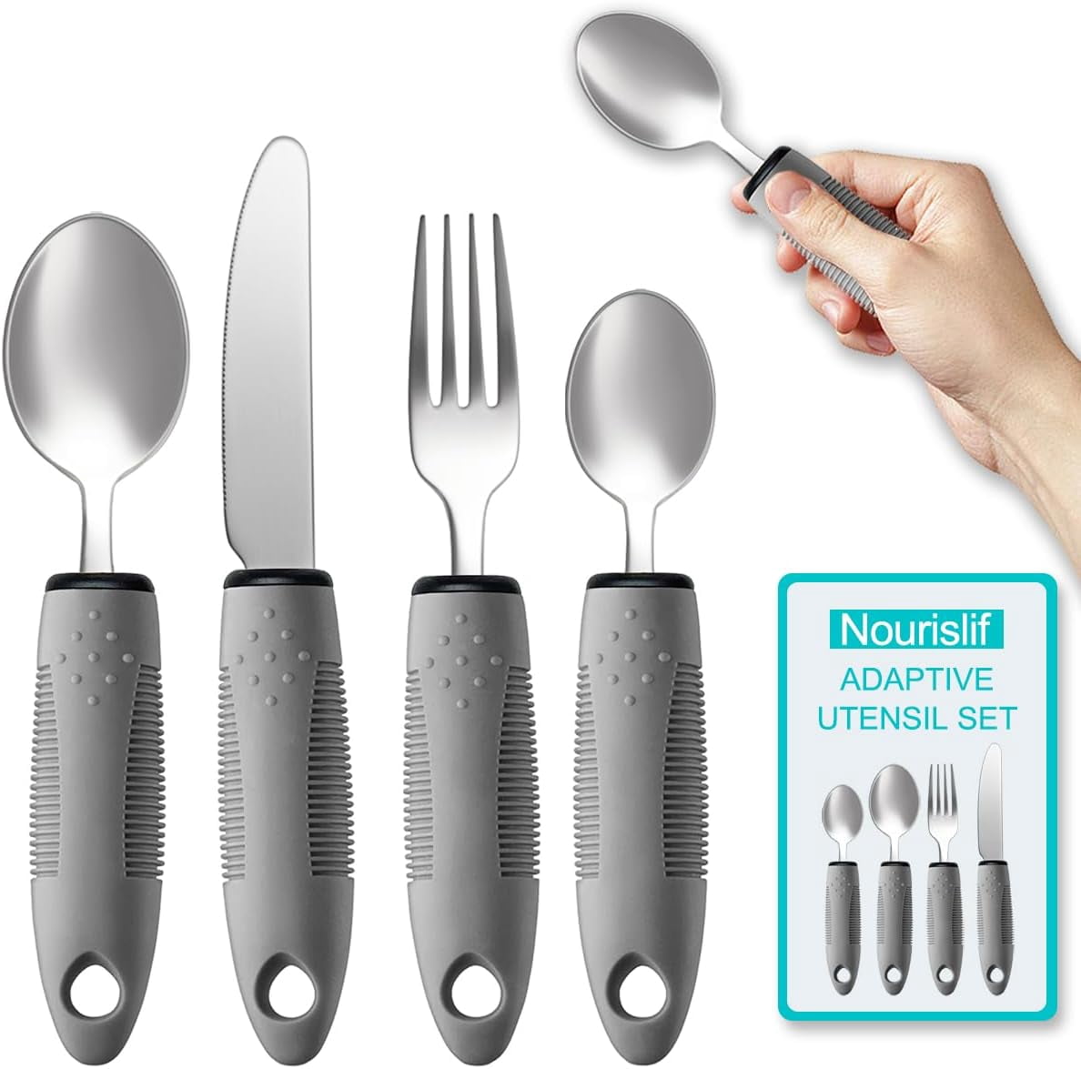 Syrinx Adaptive Utensils for Elderly - Easy Grip Aids for Hand Tremors, Arthritis, Parkinson's - 4pcs Set