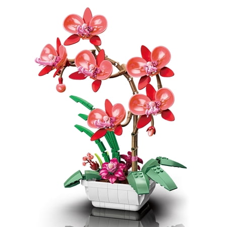 Syrinx Flower Building Block Set Compatible with Lego - Fun Red Orchid Bouquet Bonsai Brick Kit Toy for Kids and Adults