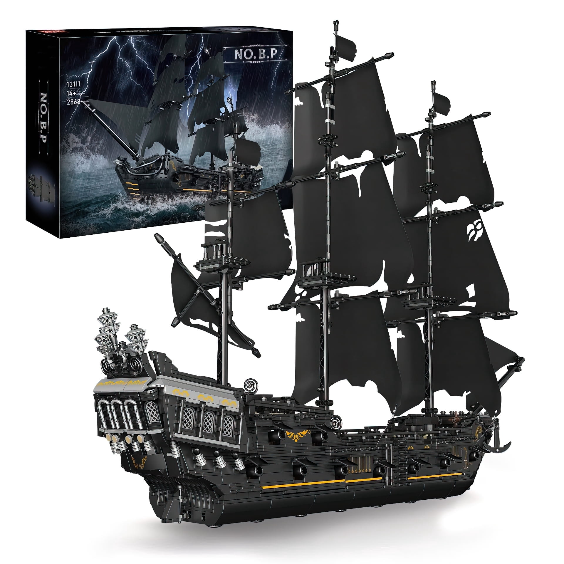 Pirate Ship Building Block Set - 1227 Piece Model With Green LED Lights, Adult Challenge Toy, 12.6" Long
