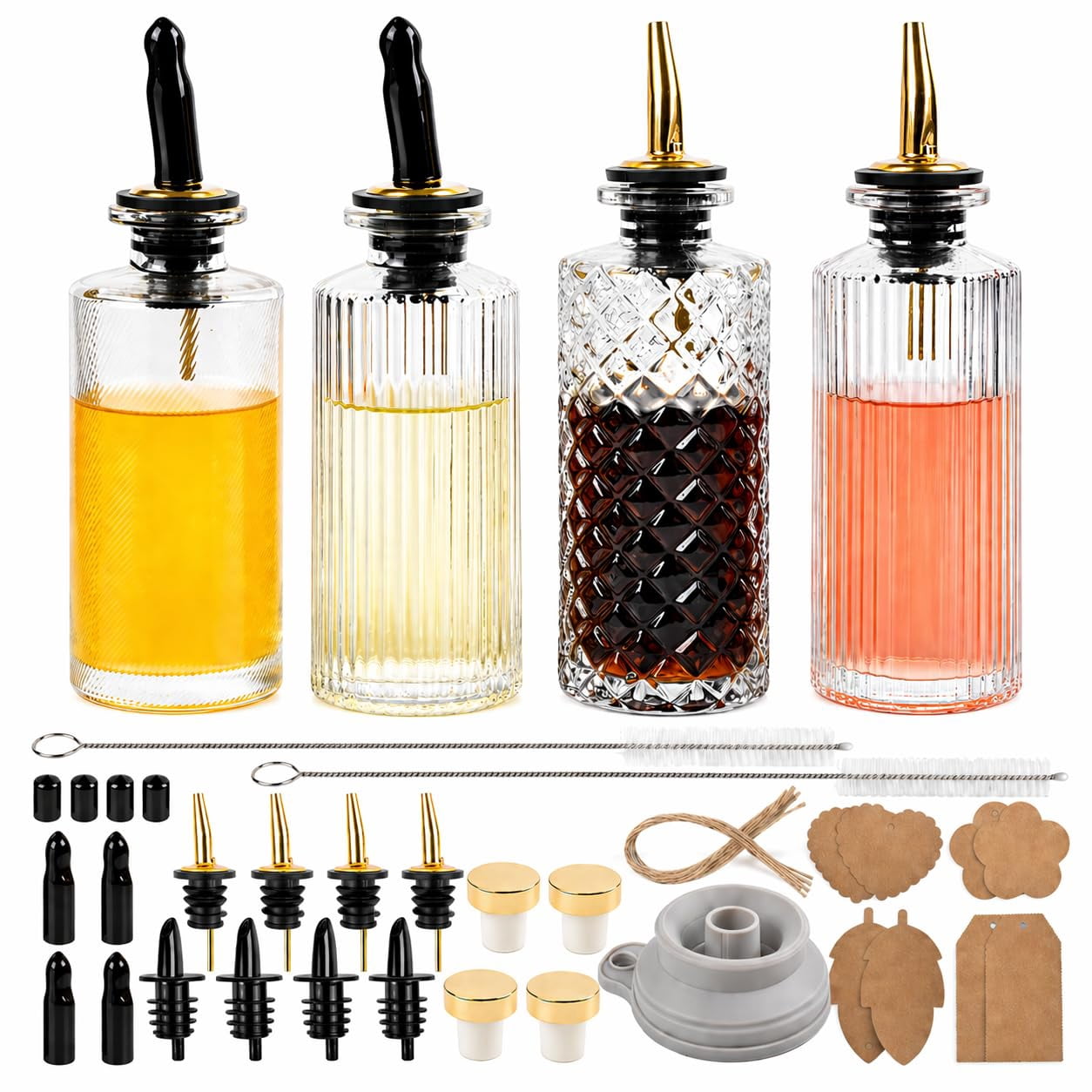 Syrup Dispenser Bottles Set Of 4  Simple Bottle For Coffee Bar Accessories 5oz Glass Containers Maple Honey Oil Metal Pour Spouts & Labels