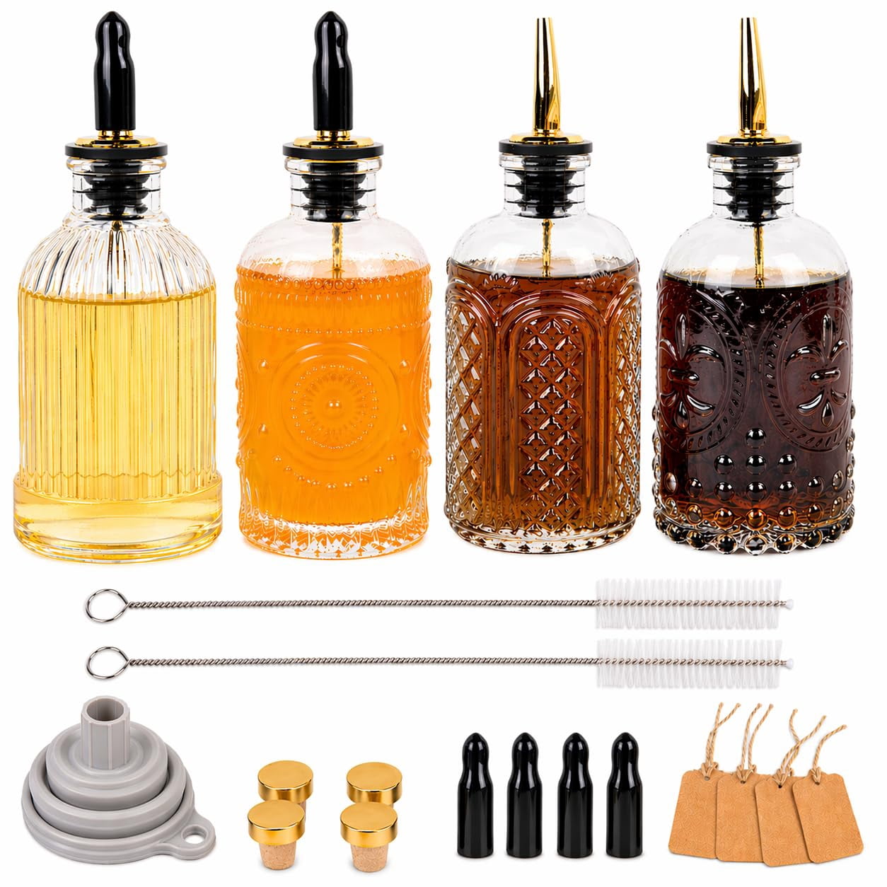 Syrup Dispenser Bottles Set Of 4  Simple Bottle For Coffee Bar Accessories 7 Oz Glass Containers Maple Honey Oil With Metal Pour Spouts & Labels