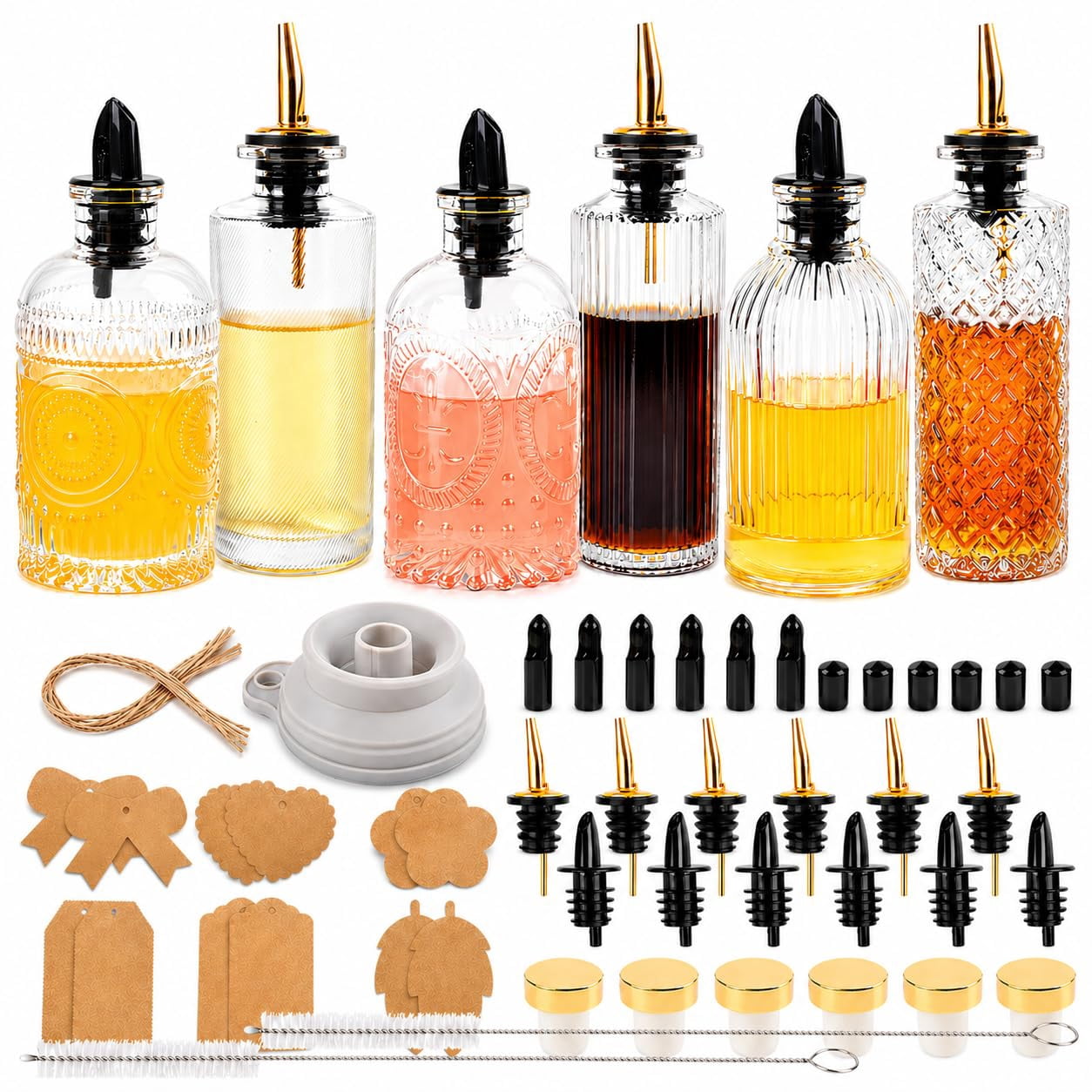Syrup Dispenser Bottles Set Of 6  Simple Bottle For Coffee Bar Accessories 5oz & 7oz Glass Containers Maple Honey Oil Metal Pour Spouts Labels
