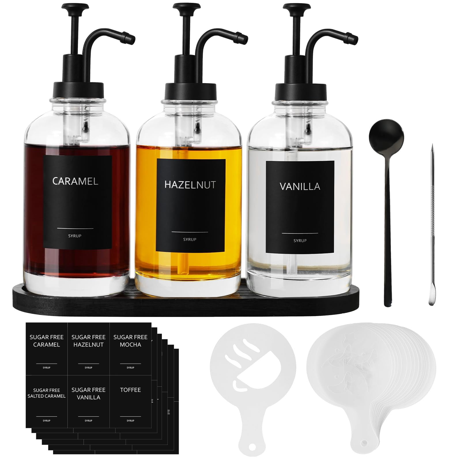 Syrup Dispenser For Coffee Bar  Glass With Pump 16.9 Fl Oz Honey Bottles Labels Spoons Art Pen 3 Pack