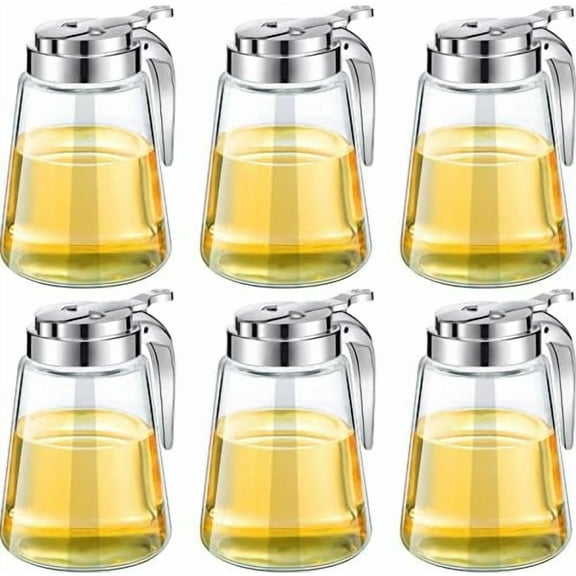 Syrup Dispenser Set of 6 Glass Bottle Honey Maple Syrup Pitcher with Retracting Spout Plastic Lid Containers for Restaurants Sugar Pancake Coffee, 12 oz