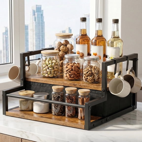 Syrup Organizer Rack 2 Tier Coffee Bar Accessory Bottle Holder Stand with Storage Drawer for Coffee Bar Wine Rack Storage Shelf (Black)