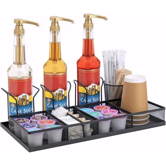 Syrup Rack Organizer, Mesh Pod Drawer With 3 Coffee Syrup Organizer for K Cup Condiment Stirrers Bar Storage
