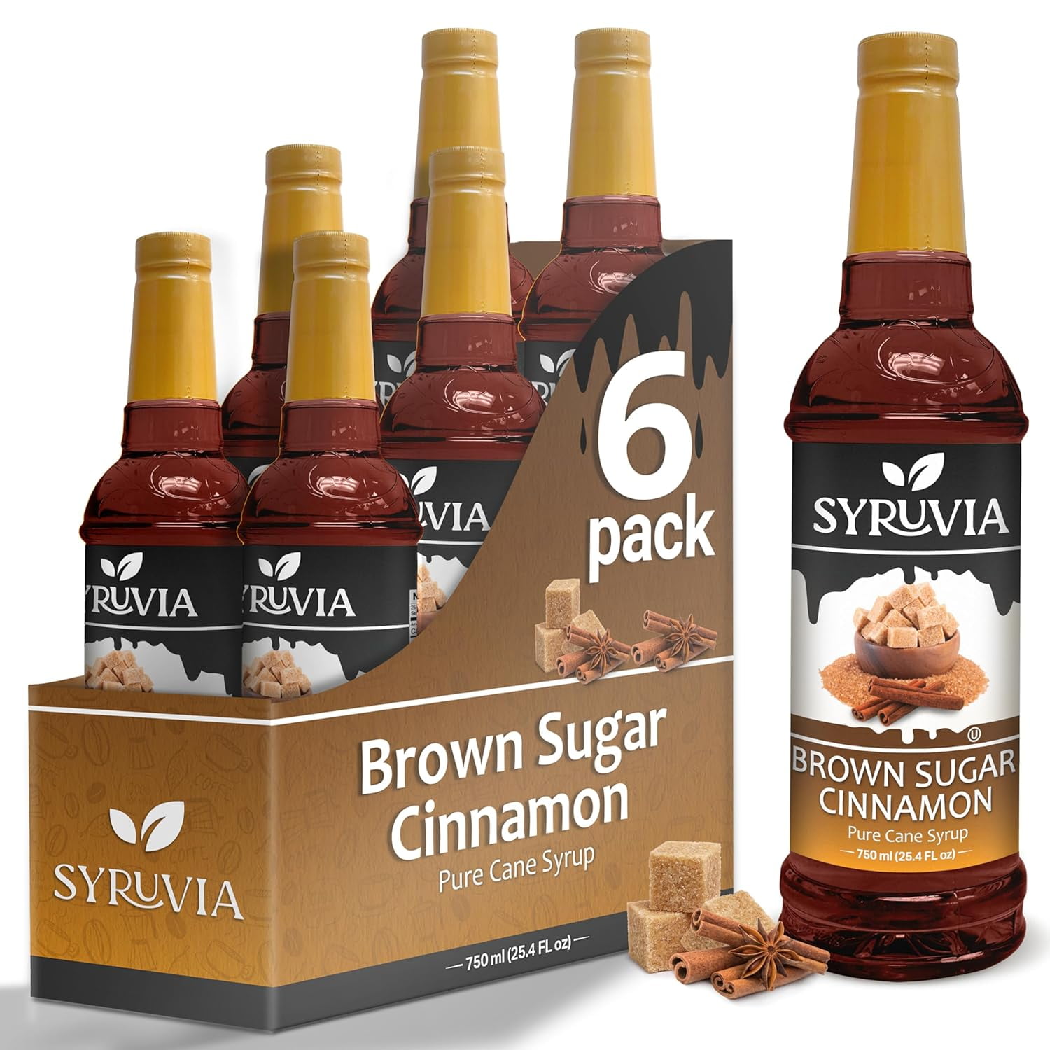 Syruvia Brown Sugar Cinnamon Syrup for Coffee 1 Case (6 Bottles, 25.4