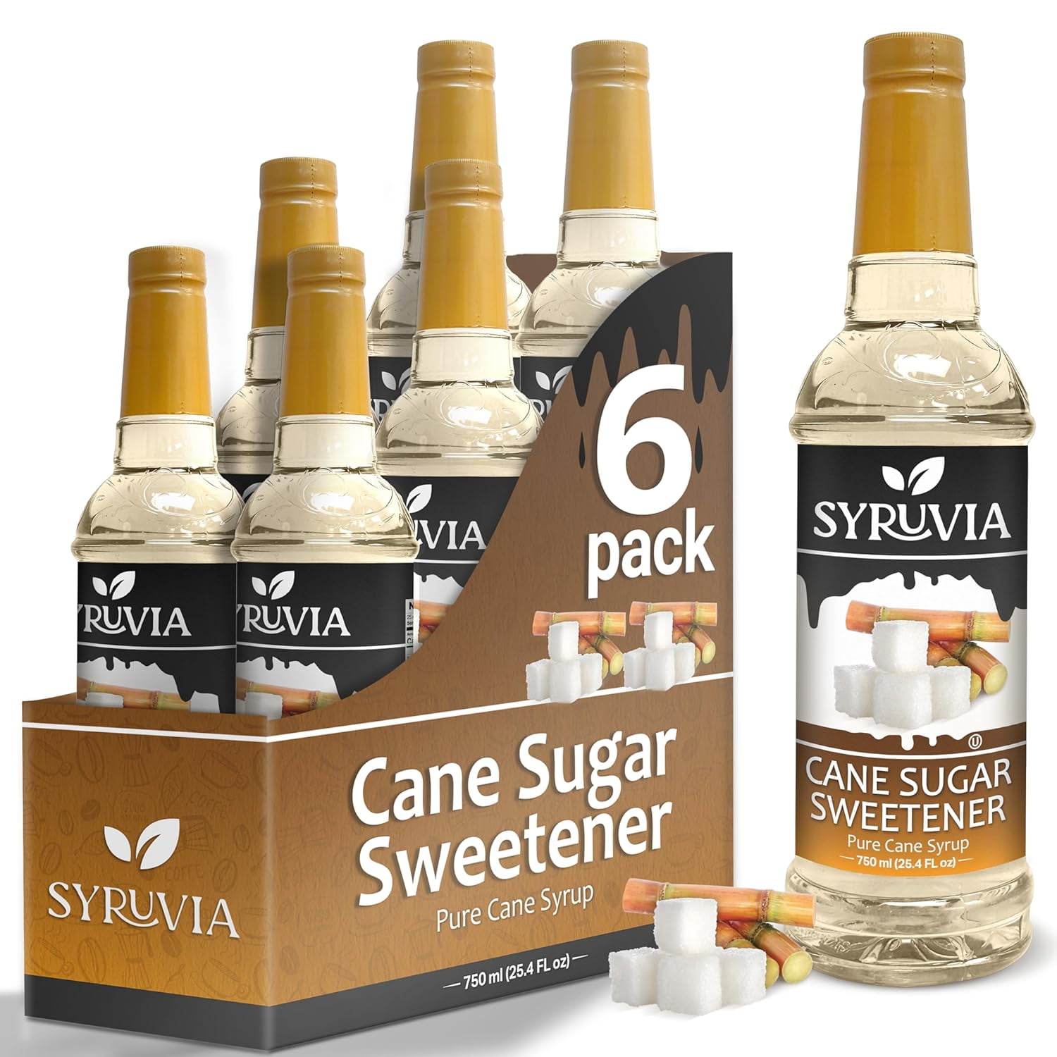 Syruvia Cane Sugar Sweetener Syrup for Coffee 1 Case (6 Bottles, 25.4