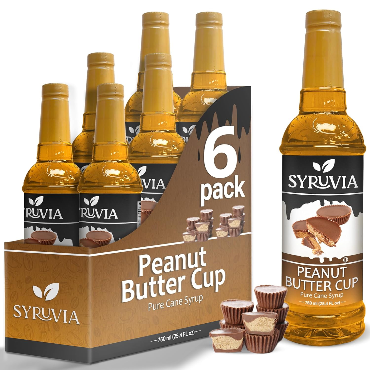 Syruvia Peanut Butter Cup Syrup for Coffee 1 Case (6 Bottles, 25.4 fl