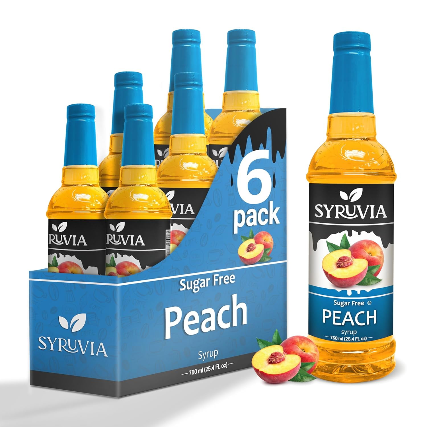 Syruvia SugarFree Peach Syrup for Drinks 1 Case (6 Bottles, 25.4 fl oz Each) Peach Cocktails