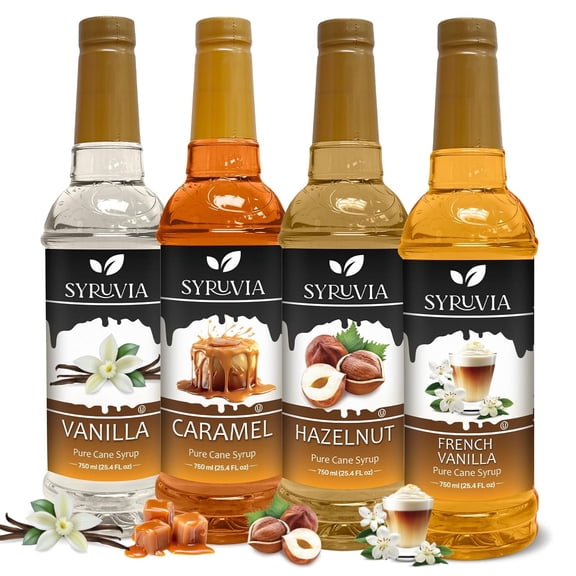 Syruvia Variety Pack Vanilla, Caramel, Hazelnut & French Vanilla Flavoring Coffee Syrup