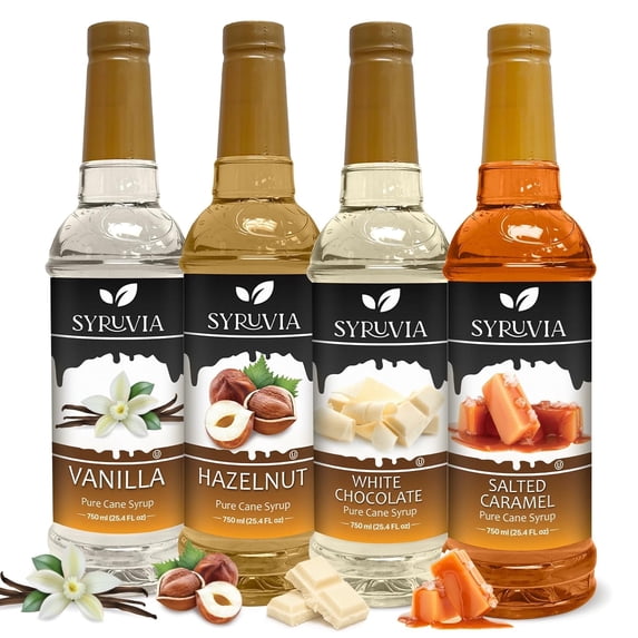 Syruvia Variety Pack Vanilla, Salted Caramel, Hazelnut & White Chocolate Flavoring Coffee Syrup