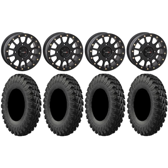 System 3 SB-5 Black 14" Wheels 32" MotoRally Tires Kawasaki Mule Pro FXT