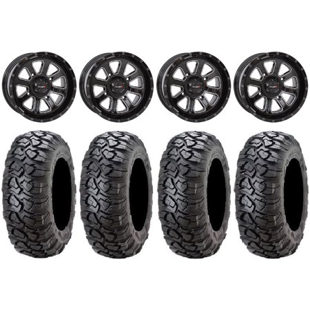 System 3 ST-4 Black 14" Wheels 28" Ultracross Tires Kawasaki Mule Pro FXT