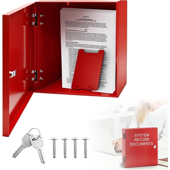 System Record Documents Enclosure, 13.8 X 13.8 Inch Fire Box for Documents, System File Cabinet Locking Document Storage for Office with Adjustable Spring Bookends, Red