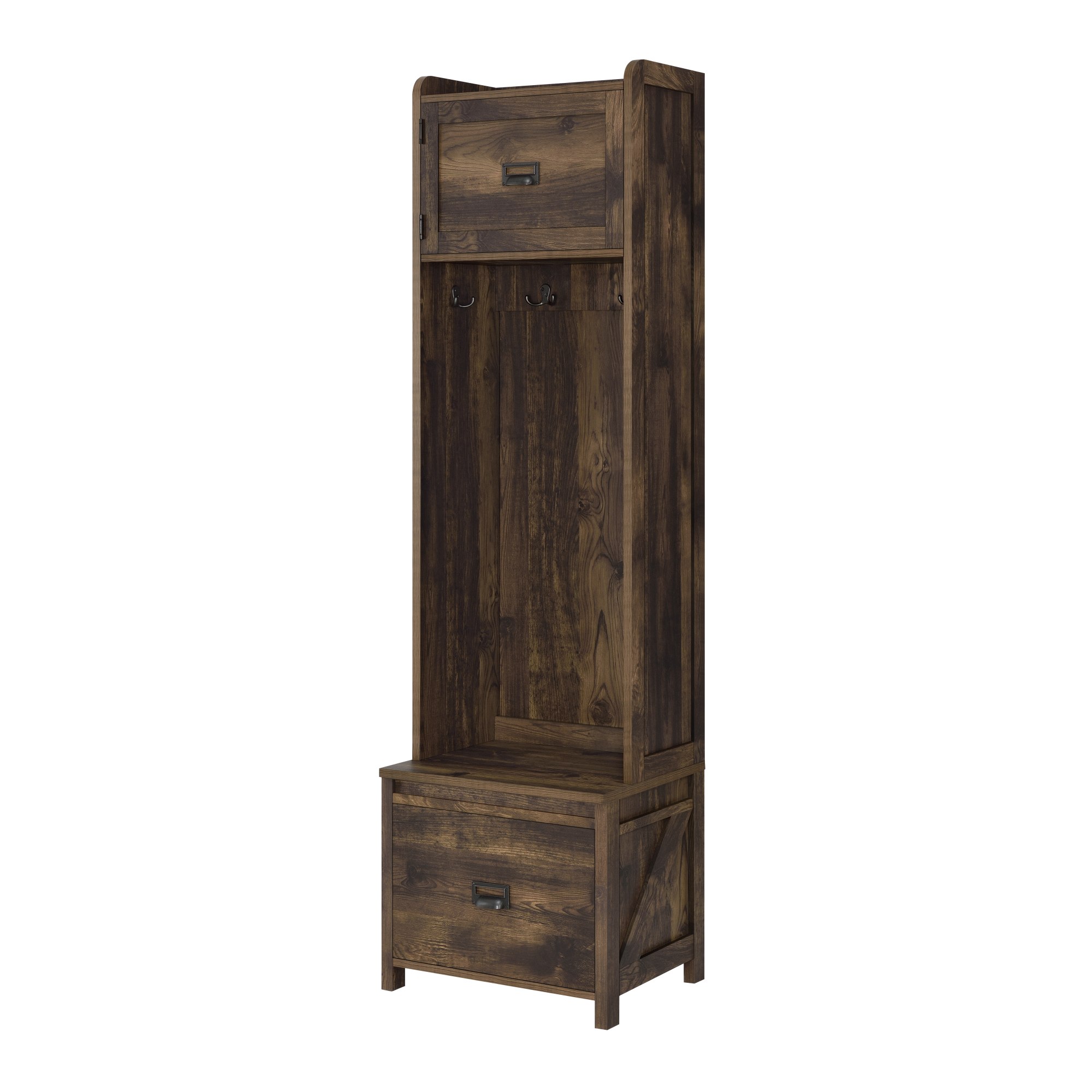 SystemBuild Farmington Entryway Hall Tree with Storage Bench in Rustic