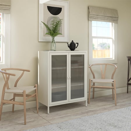 Systembuild Evolution Ashbury Heights 2 Door Accent Cabinet-Fluted Glass Metal Locker, Soft White