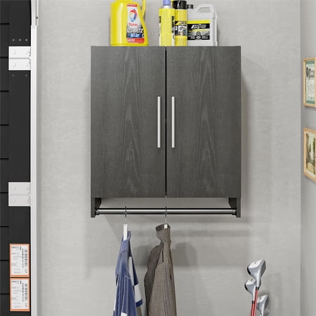 Systembuild Evolution Westford 2 Door Garage Storage Wall Cabinet with Hanging Rod, Black Oak
