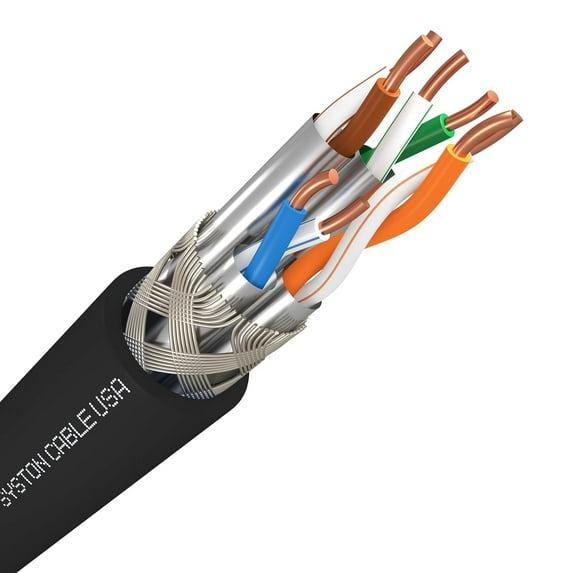 Syston Cable Cat8 Ethernet Bulk Raw Cable 2000MHz 2GHz 40GB 500 ft Solid Bare Copper S/FTP Individual electromagnetic Tinned Copper Braid Shield 22/4 4 Pair 22 AWG CMR FT4 UTP Black Order to Cut