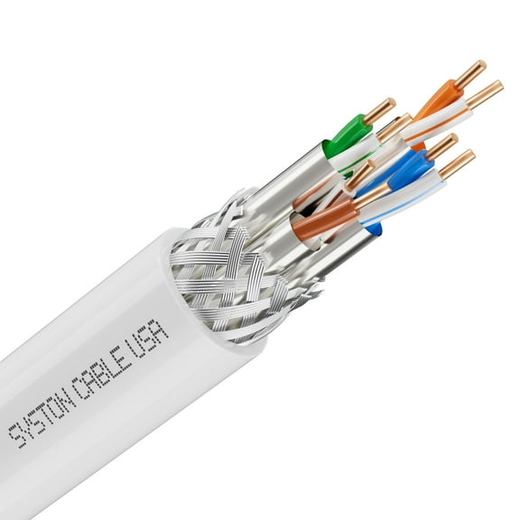 Syston Cable Cat8 Ethernet Bulk Raw Cable 2000MHz 2GHz 40GB 20 ft Solid Bare Copper S/FTP Individual electromagnetic Tinned Copper Braid Shield 22/4 4 Pair 22 AWG CMR FT4 UTP White Order to Cut