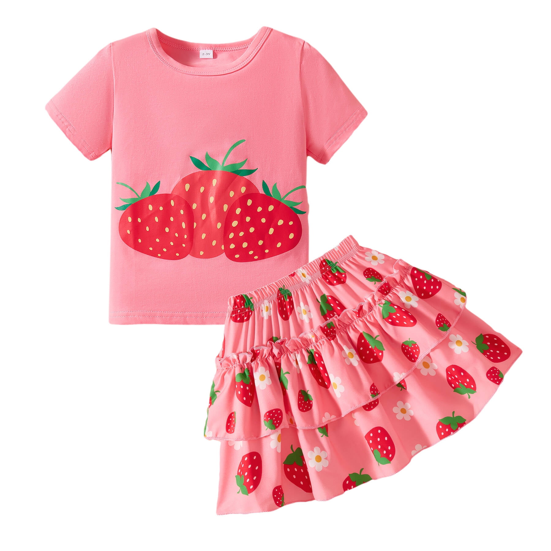 Girls 2pc Skirt Set Summer Birthday Outfit Kids Short Sleeve Strawberry Shirt Shirred Tiered Skirt Clothes Pink 7T/1938