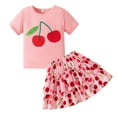 thumbnail image 1 of Sytepopcy Girls Summer Outfit Kids Short Sleeve Cherry Pattern Shirt Shirred Layered Floral Skirt 2pc Set Birthday Party Clothes 6T/1955, 1 of 7
