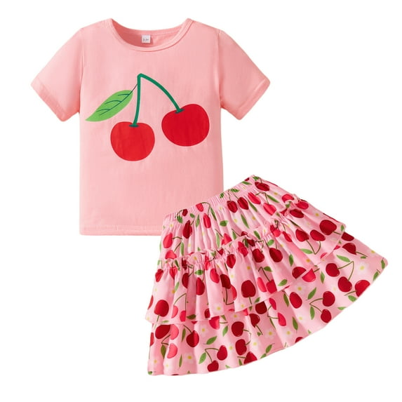 Sytepopcy Girls Summer Outfit Kids Short Sleeve Cherry Pattern Shirt Shirred Layered Floral Skirt 2pc Set Birthday Party Clothes 8T/1955