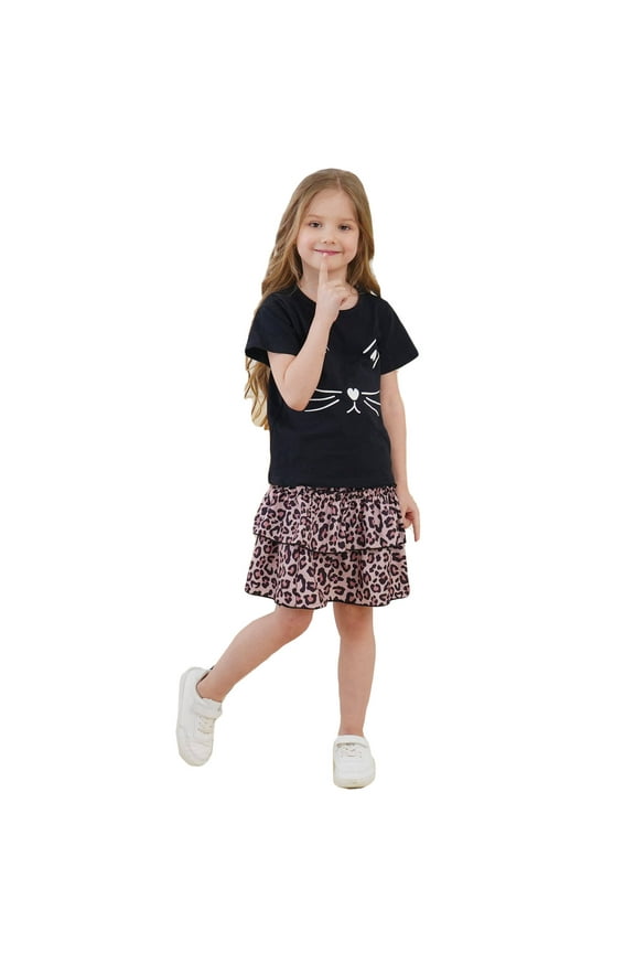 Girls Summer Outfits Cat Shirt Two Piece Kitten Top Shirred Tiered Leopard Skirt Clothes Set School Outfits for Girls 4T/1935