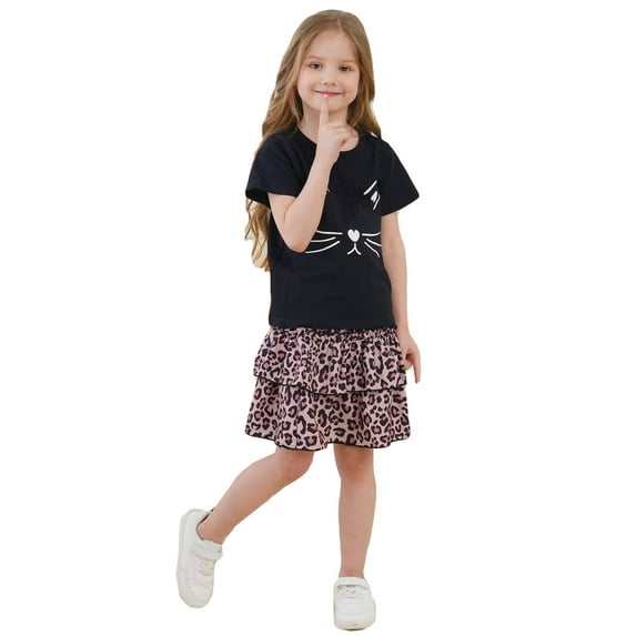 Sytepopcy Girls Summer Outfits Cat Shirt Two Piece Kitten Top Shirred Tiered Leopard Skirt Clothes Set School Outfits for Girls 7T/1935