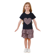 SYTEPOPCY Girls Summer Outfits Two Piece Heart Print Short Sleeve Shirt Cheetah Layered Skirt Kids Picture Day Outfits 4T/1954