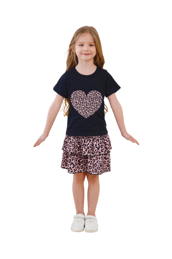 Girls Two Piece Skirt Set Heart Print Short Sleeve Shirt Shirred Tiered Cheetah Skirt Outfits Kids Girl Summer Clothes 4T/1954