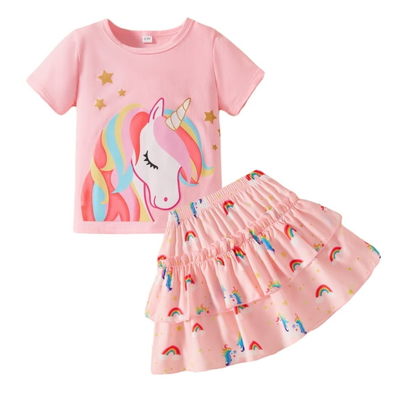 Sytepopcy Little Girl Outfits Unicorn Short Sleeve Top Skirt Two Piece Summer Outfits Kids Casual School Clothes for Girls 6T/1937
