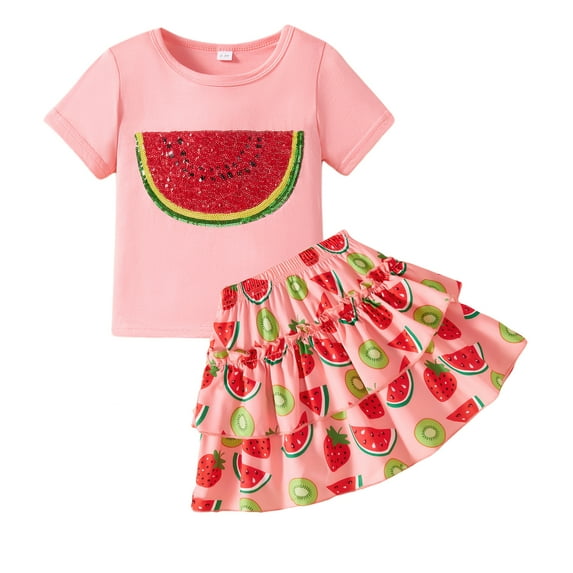 Sytepopcy Little Girls Skirt Set Short Sleeve Watermelon T-Shirt Shirred Tiered Skirt Summer Outfits Casual School Clothes 7T/1936