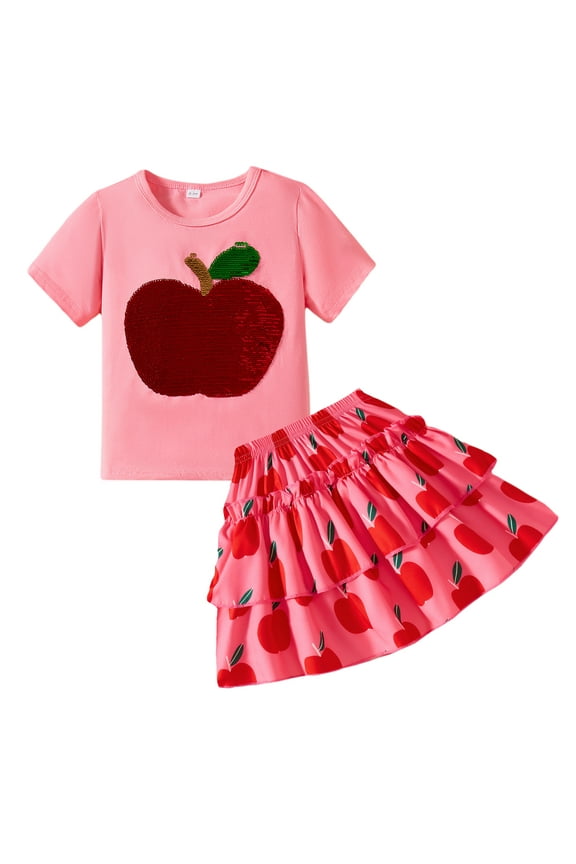 Toddler Girls Skirt Shirt Set Sequins Apple Top Shirred Layered Skirt 2pc Summer Outfits Kids School Clothes 3T/1965