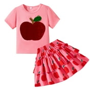 SYTEPOPCY Little Girls Skirt Shirt Set Sequins Apple Top Shirred Layered Skirt 2pc Summer Outfits Kids School Clothes 4T/1965