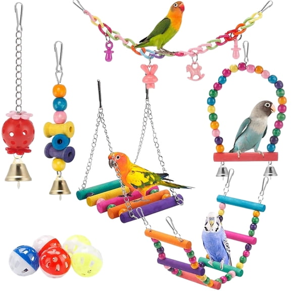 Sytle-Carry 11 Pcs Bird Parakeet Toys, Swing Hanging Standing Chewing Toy, Wooden Perch Chewing Toy for Budgerigar, Parakeet, Conure, Cockatiel, Mynah, Love Birds, Finches