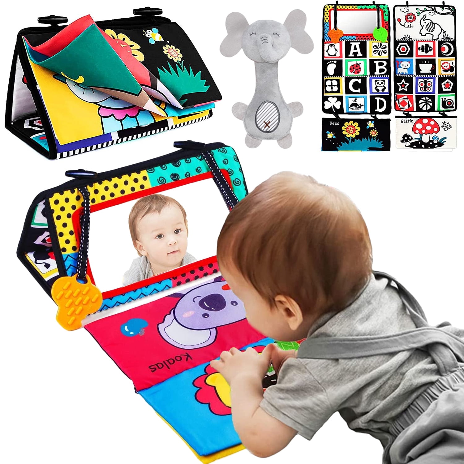 Baby Toys 6-12 Months, Tummy Play Time Mirror with Teethers Rattle, Infant Newborn Toys 0-3 Months