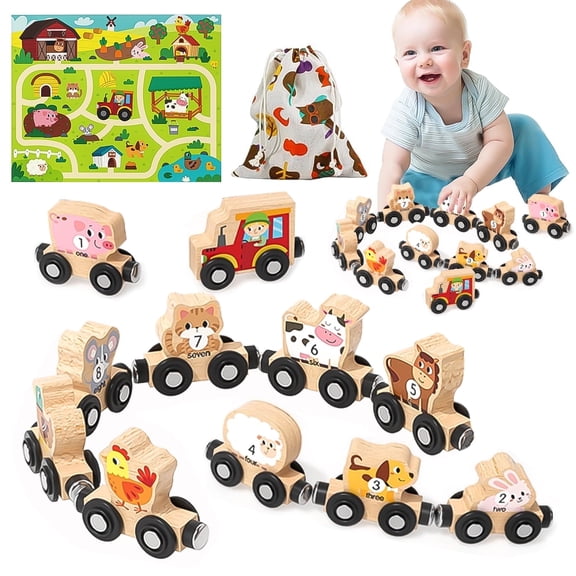 Sytle-Carry Learning Toys for Toddlers 1-3, 11-Piece Magnetic Wooden Animals Train Set, Montessori Toy
