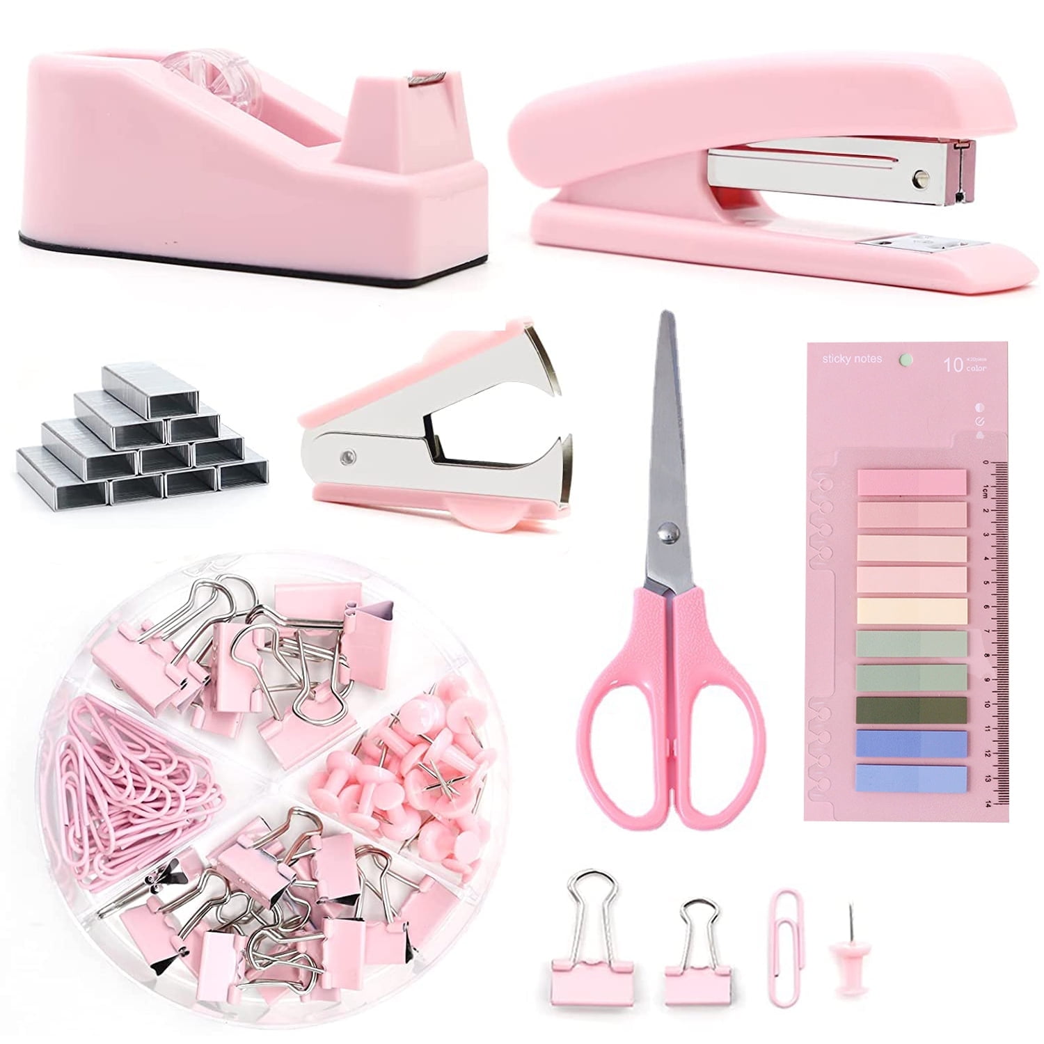 Office Supplies and Organizers, Pink Office Supplies, Staple Remover, Stapler, Tape Dispenser, Staples, Clips, Scissor and Tabs