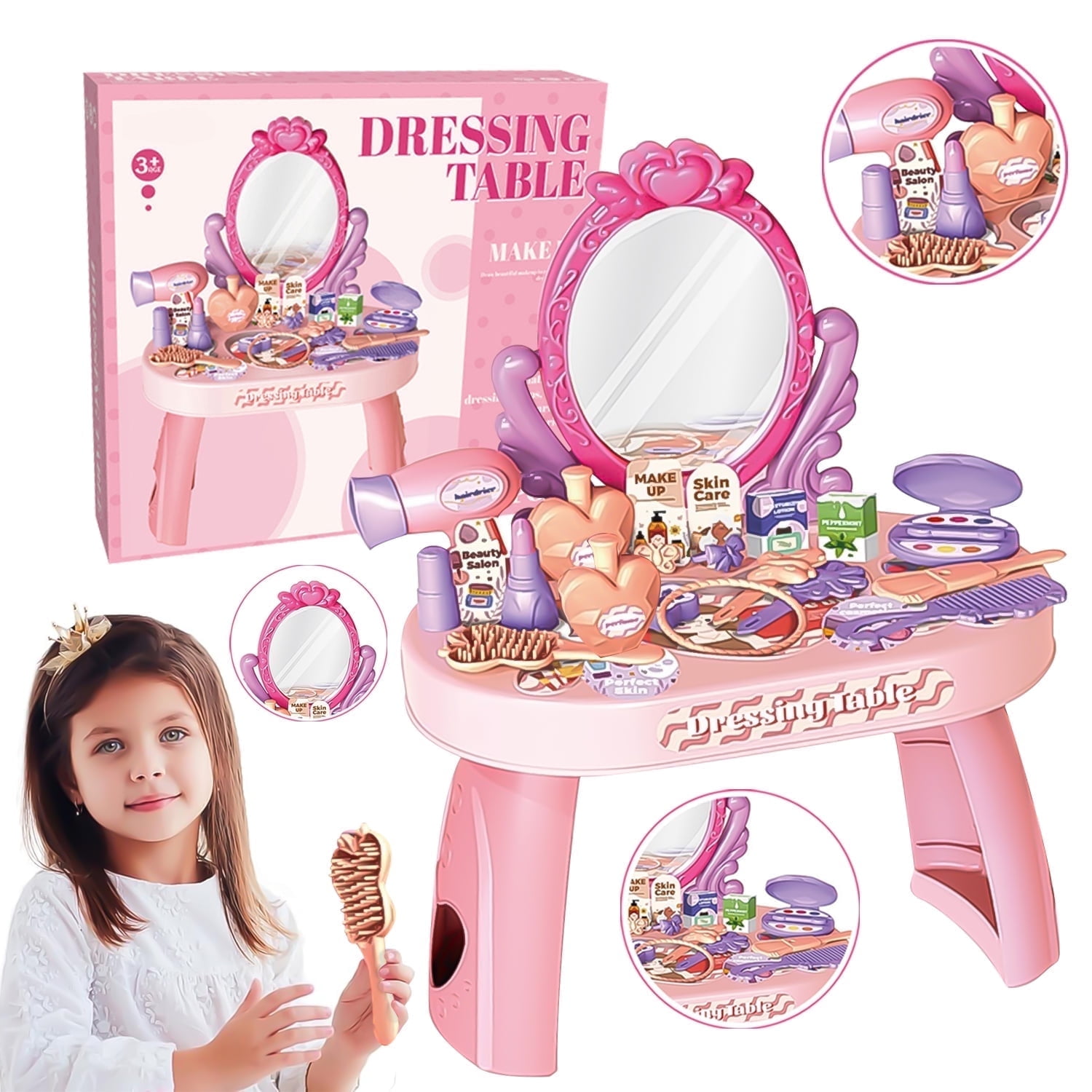 Pretend Play Girls Makeup Table Set, Toddler Girls Vanity Set Toy, Princess Toys for Little Girls Ages 3 4 5 6 7