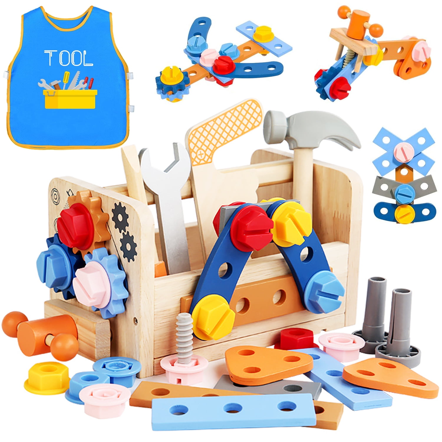SytleCarry Tool Kit for Kids, Wooden Toddler Tools Set with Apron, Boy