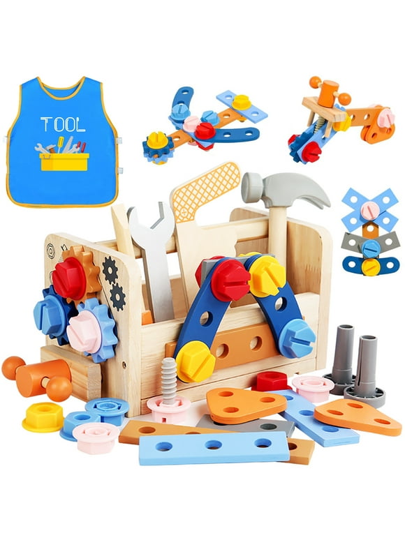 Sytle-Carry Tool Kit for Kids, Wooden Toddler Tools Set with Apron, Boy Toys 3-5, Montessori Educational STEM Construction Toys for 3 4 5 6 Year Old Boys Girls, Best Birthday Gift for Kids