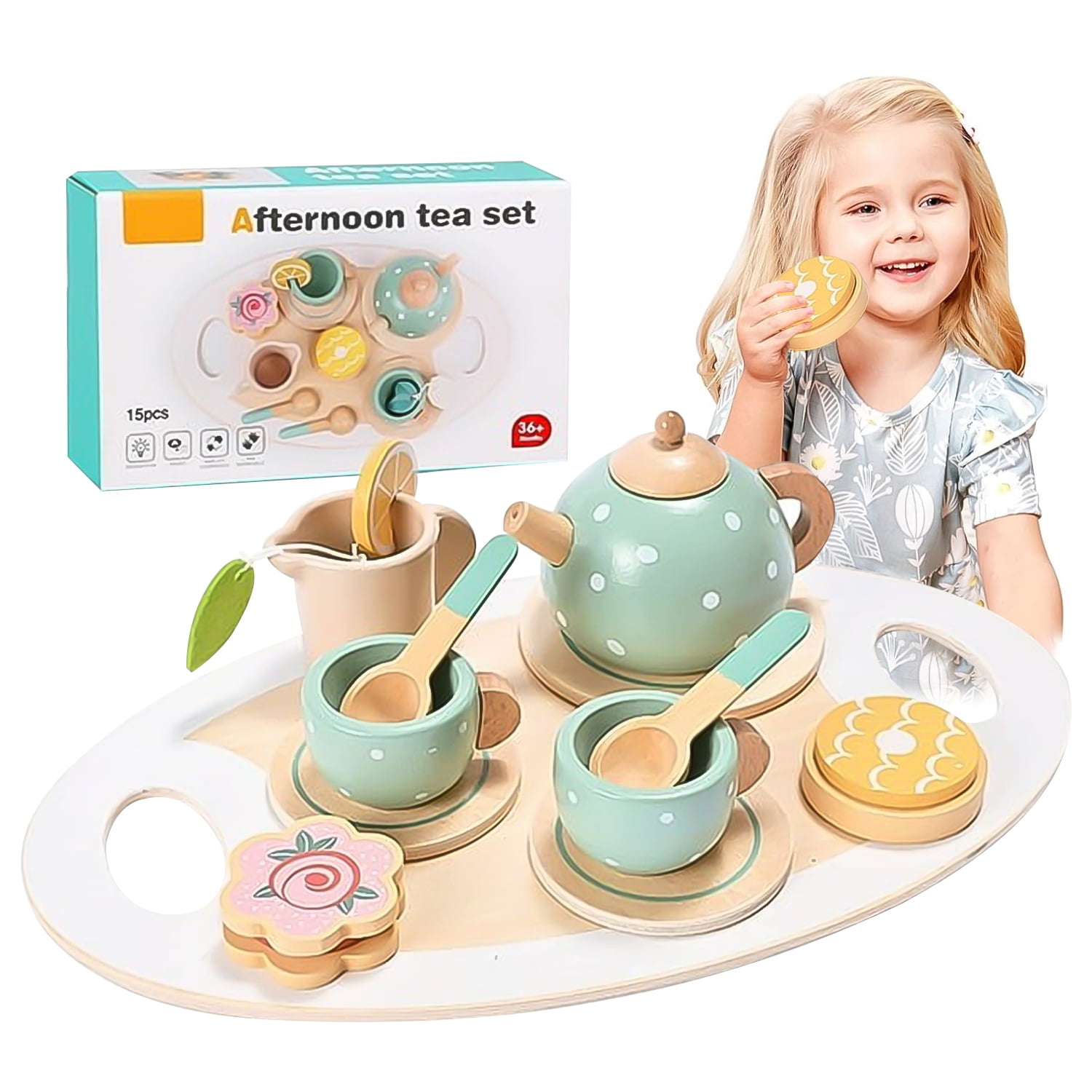 SytleCarry Wooden Toy Tea Set, Montessori Kitchen Toys for 3 4 5 Years