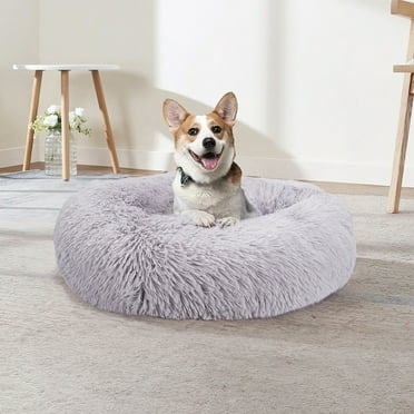 Sytopia Calming Donut Dog Bed 20" x 20" x 8", Anti-Anxiety Cozy Plush Fluffy Round Pet Bed for Small Dogs and Medium/Large Cats, Washable Small Medium Dog Beds with Anti-Slip Bottom, Light Gray