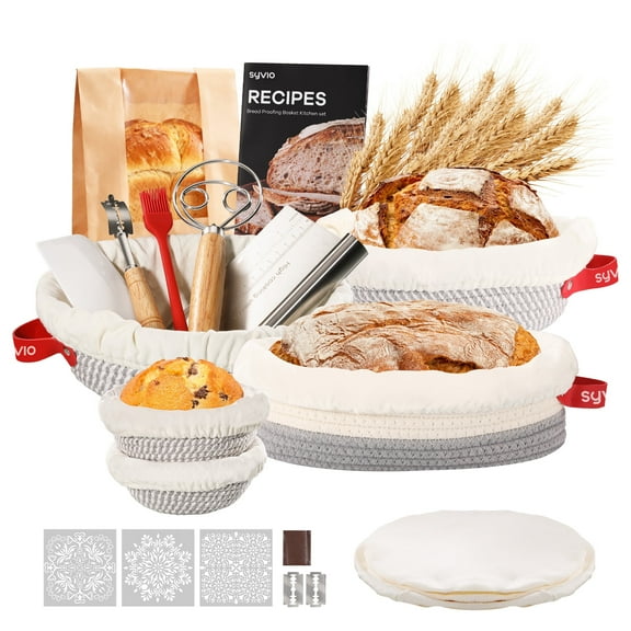 Syvio Sourdough Bread Proofing Basket Set with 5 Baskets (5" & 9" Round, 11" Oval), Liners & Covers, Dough Whisk, Bread Lame, Sourdough Starter Kit for Home Baking