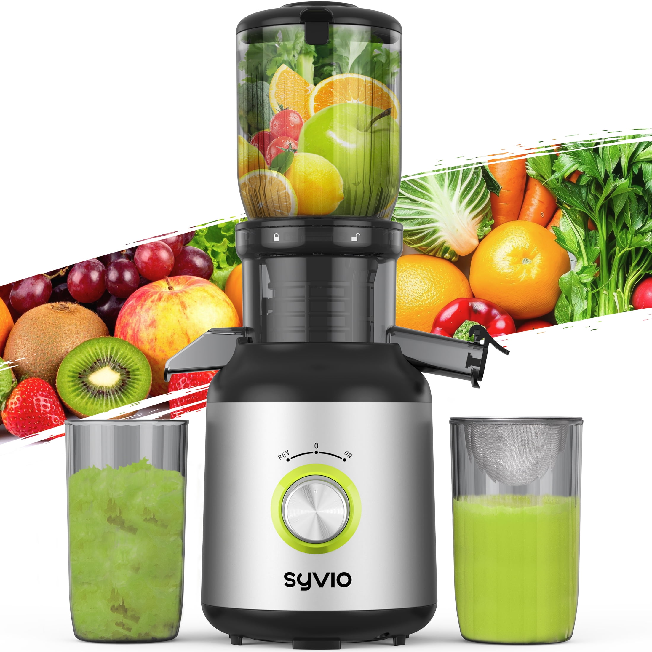 Open Box Syvio Cold Press Juicer, Juicer Machine with 4.3" Feed Chute, Slow Masticating Juicer for Fruits and Vegetables, Juice Maker with High Juice Yield, BPA-Free, Easy to Clean, Black Silver