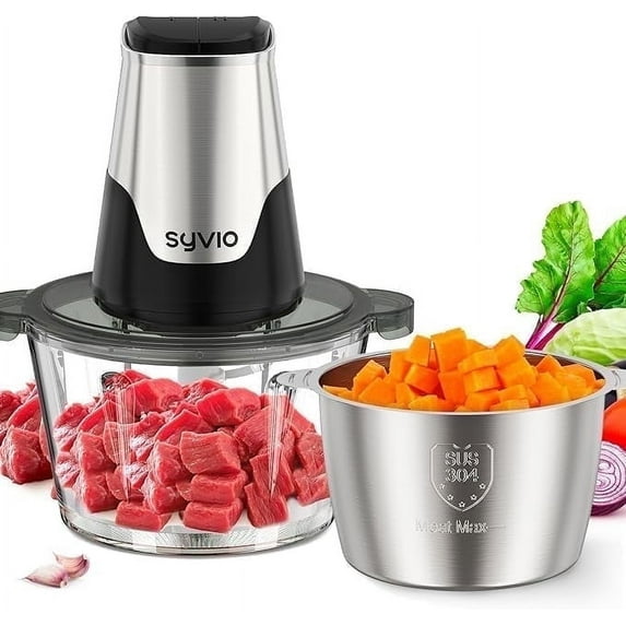 Syvio Food Processor 8 cup,2L 600W Electric Food Choppers with 4 Bi-Level Blades,for Baby Food,Meat,Vegetables