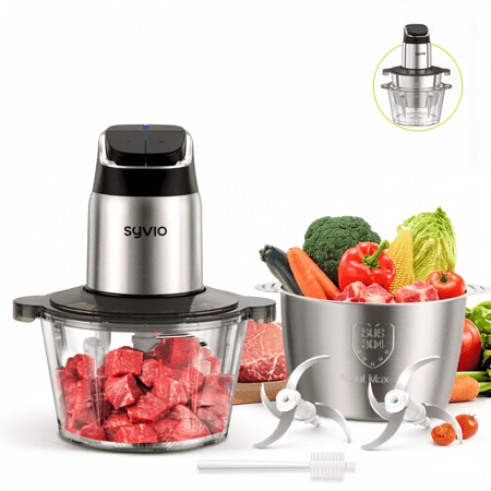 Syvio 2-Speed Food Processor with Dual 8-Cup Bowls (Stainless Steel & Glass) - Upgraded Safety Features, Smart Overheat Protection Light, Powerful Motor, Includes 2 Blades & Cleaning Brush