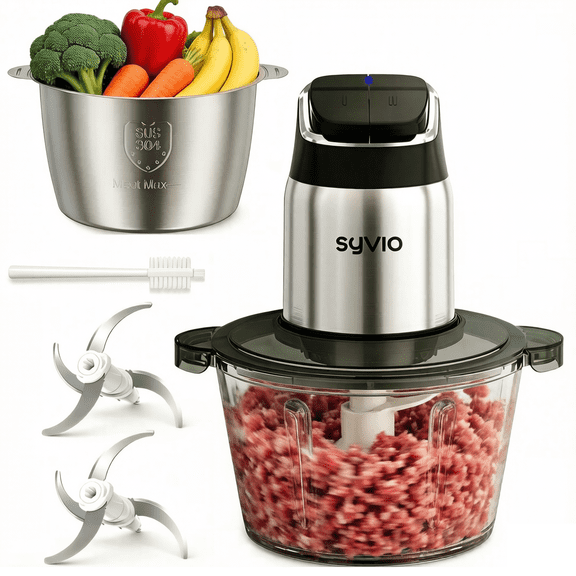 Syvio 2-Speed Food Processor with Dual 8-Cup Bowls (Stainless Steel & Glass) - Upgraded Safety Features, Smart Overheat Protection Light, Powerful Motor, Includes 2 Blades & Cleaning Brush