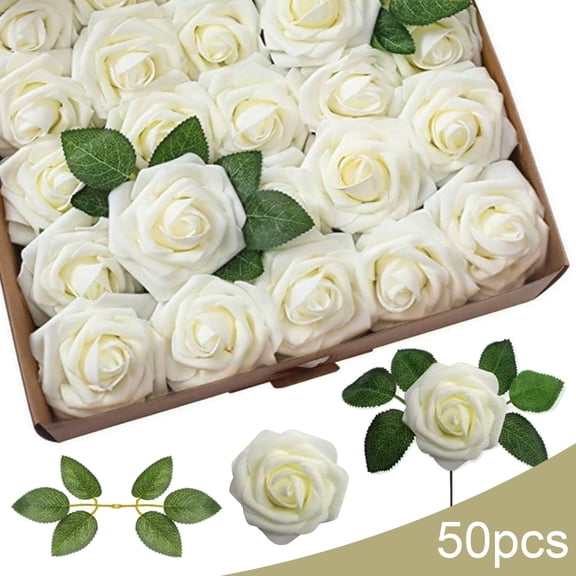 Syvvy Artificial Roses Flowers, 7.87 in Fake Roses with Stems,PE Foam,Floral Arrangements,Wedding Decorations for Ceremony,White,50Pcs